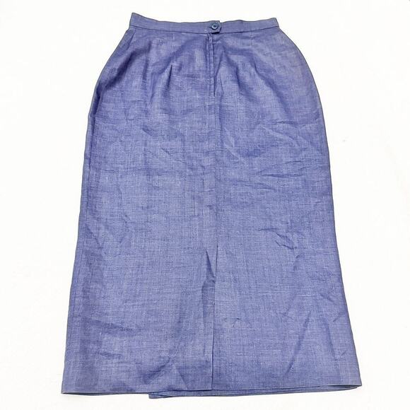 Oleg Cassini Blue Midi Pencil Skirt Button Front 100% Ramie Lined Size 8 - Picture 2 of 6